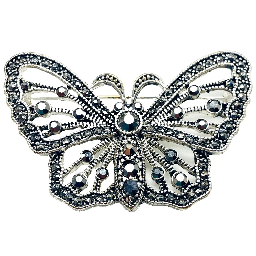 Silver Tone Marcasite Butterfly Brooch Filigree Openwork Insect Statement Pin